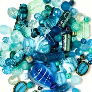 GLASS MIX Beads Upcycled and New 120 grams (1/4 Pound)  in Caribbean Waters of Blues & Greens, Lampwork, Czech, Pressed, Dichroic etc, Craft