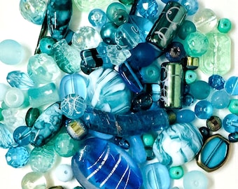 GLASS MIX Beads Upcycled and New 120 grams (1/4 Pound)  in Caribbean Waters of Blues & Greens, Lampwork, Czech, Pressed, Dichroic etc, Craft