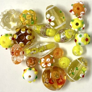 20 Handmade Lampwork Glass Beads in Foils, Applied Flowers, Bumpy etc in Sunny Day Yellow and Orange Mix