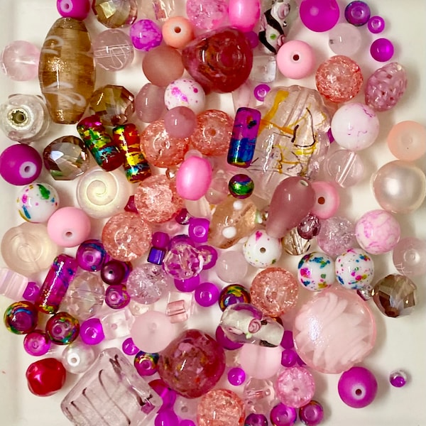 GLASS MIX Beads Upcycled and New 120 grams (1/4 Pound)  in Cotton Candy and Flamingo Pinks, Lampwork, Czech, Pressed, Dichroic etc, Craft