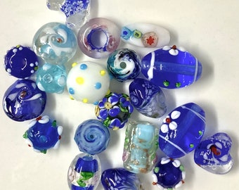20 Handmade Lampwork Glass Beads in Foils, Applied Flowers, Bumpy etc in Pacific and Sky Blue Mix