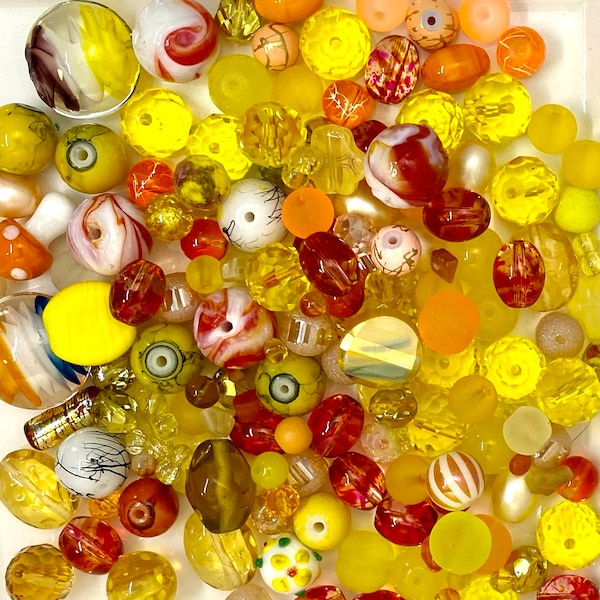 GLASS MIX Beads Upcycled and New 120 grams (1/4 Pound) in Sunny Day Yellows and Oranges, Lampwork, Czech, Pressed, Dichroic, Bead Soup,Craft