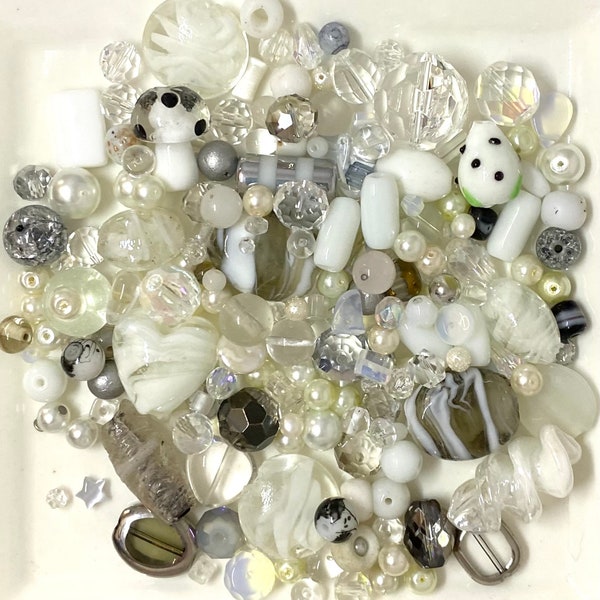 GLASS MIX Beads Upcycled and New 120 grams (1/4 Pound)  in Snow Whites and Silver Linings, Lampwork, Czech, Pressed, Dichroic etc, Bead Soup