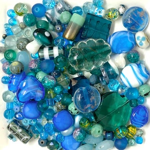 GLASS MIX Beads Upcycled and New 120 grams (1/4 Pound)  in Caribbean Waters of Blues & Greens, Lampwork, Czech, Pressed, Dichroic etc, Craft