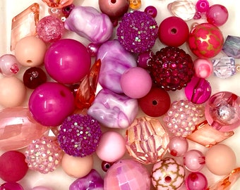 ACRYLIC, Resin, Plastic, Textile MIX Beads 120 Grams (1/4 Pound) Premium Upcycled and New in Cotton Candy and Flamingo Pinks, Bead Soup