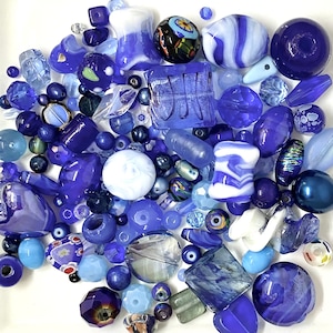 GLASS MIX Beads Upcycled and New 120 grams (1/4 Pound)  in Pacific and Sky Blues, Lampwork, Czech, Pressed, Dichroic etc, Bead Soup, Craft