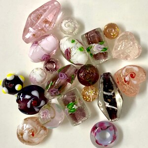 20 Handmade Lampwork Glass Beads in Foils, Applied Flowers, Bumpy etc in Cotton Candy Pink and Wine Purple Mix