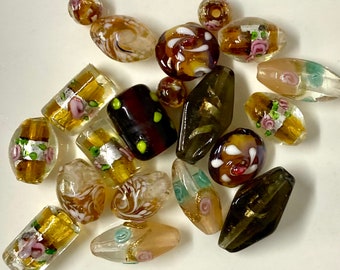 20 Handmade Lampwork Glass Beads in Foils, Applied Flowers, Bumpy etc in Harvest Ambers and Browns Mix