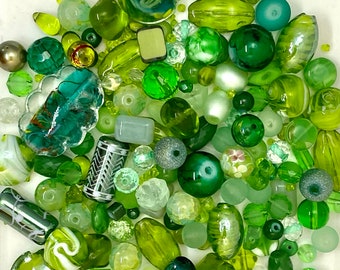 GLASS MIX Beads Upcycled and New 120 grams (1/4 Pound) in Bottles and Grass Greens, Lampwork, Czech, Pressed, Dichroic etc, Bead Soup, Craft