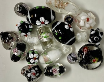 20 Handmade Lampwork Glass Beads in Foils, Applied Flowers, Bumpy etc in Midnight Black and Snow White Mix