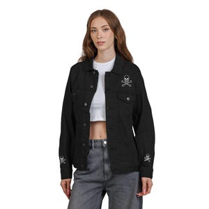 Edgy Embroidered Unisex Denim Jacket, Casual Outerwear, Statement Jacket, Gift for Him/Her, Vintage Streetwear, Skull Design, Bike Jackey