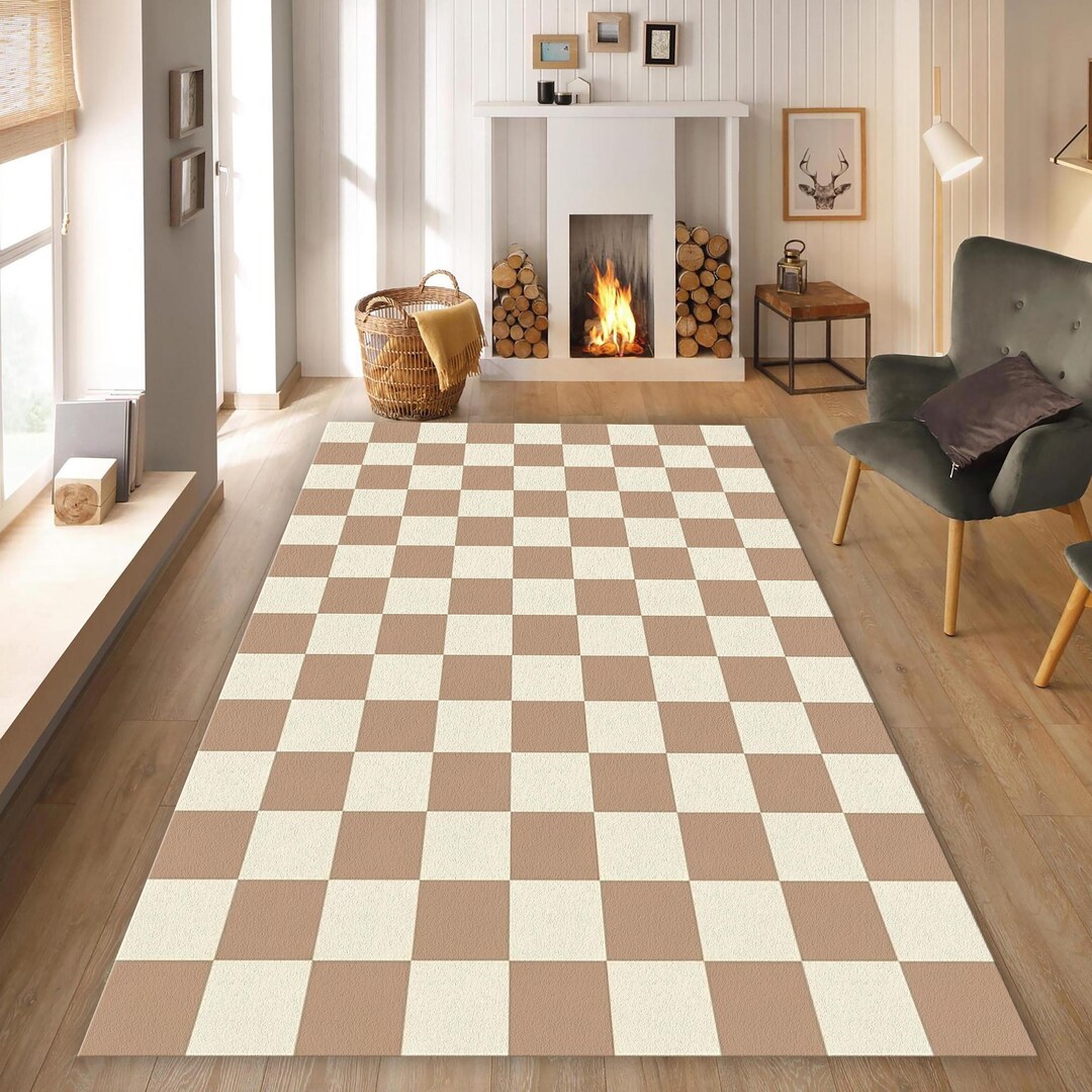 Minimal Checkerboard Rug | Beige Cream Checkered Area Mat | Modern ...