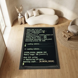 Terminal Code Area Rug | Retro Computer Screen with Green Command Line Interface Tapestry Carpet | Tech Floor Mat