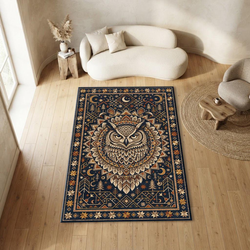 Mystical Wise Owl Mandala Area Rug | Geometric Folk Art Forest Celestial Living Decor | Washable Non