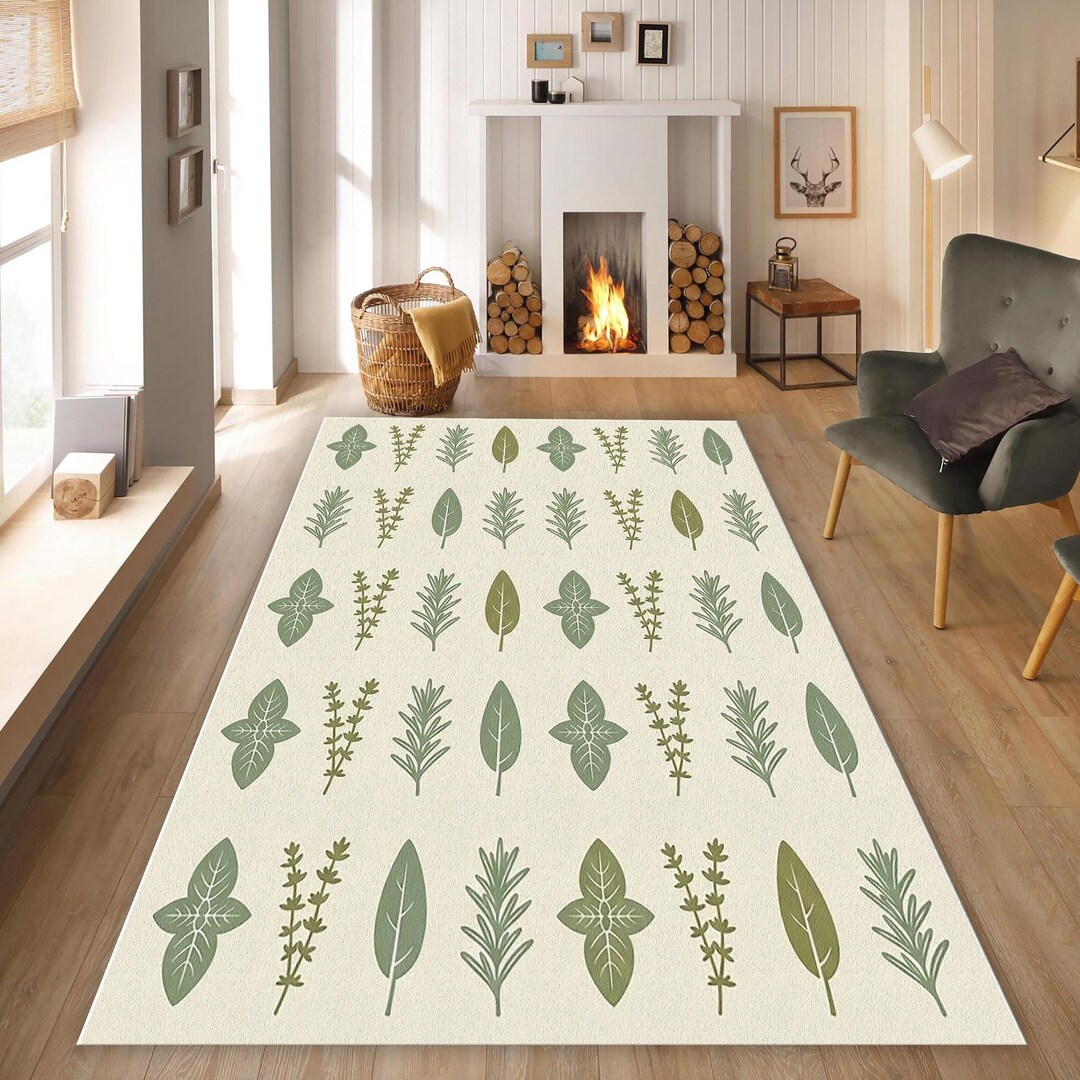 Botanical Herb Pattern Rug, Minimal Green Leaves Illustration ...