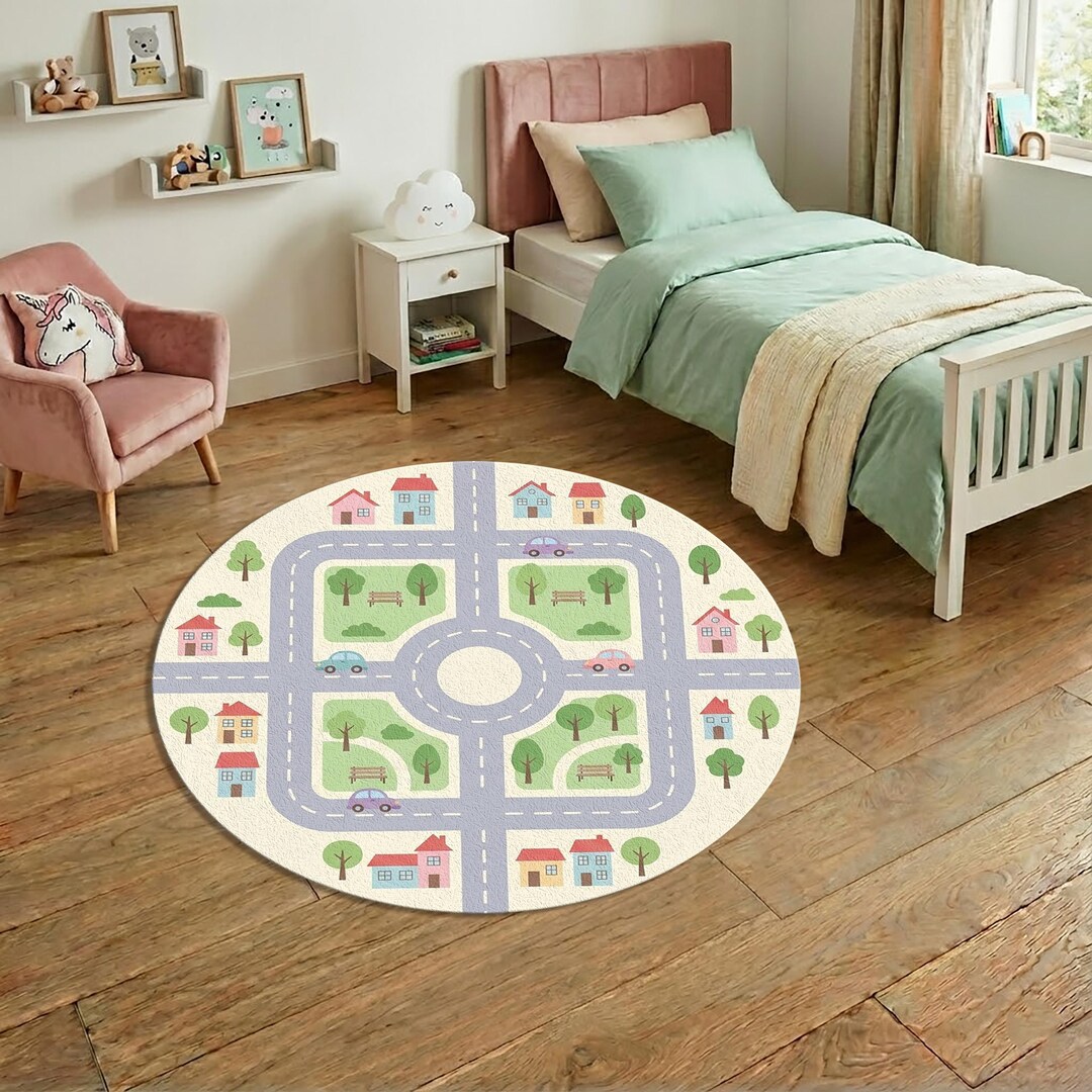 City Road Play Round Rug – Cute Cars & Houses Toddler Carpet – Kids ...