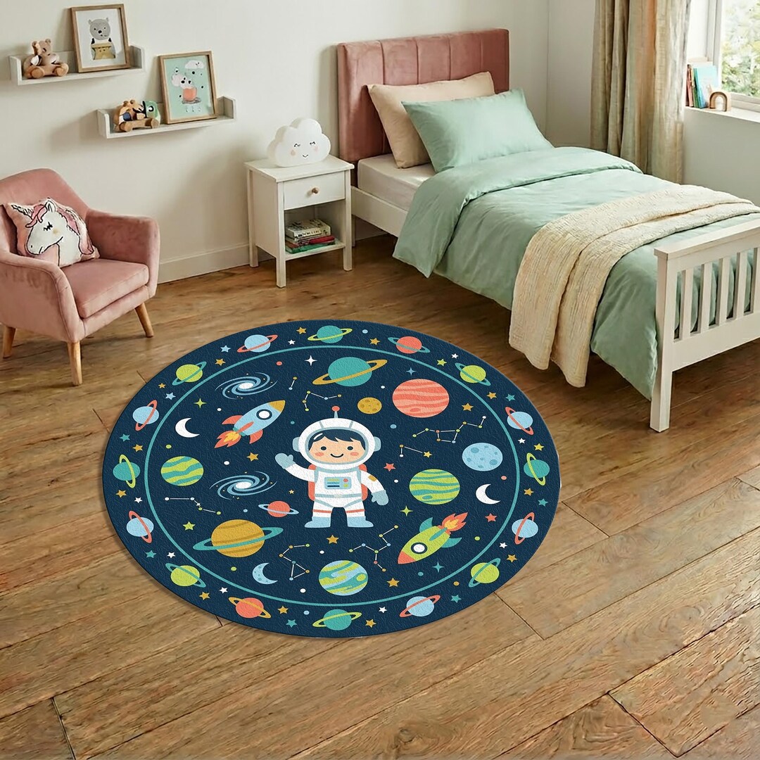 Astronaut Kids Round Rug – Space Theme Carpet With Planets & Rockets ...
