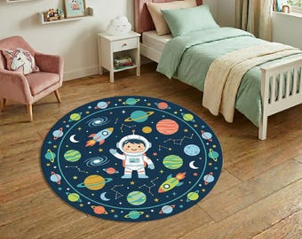 Astronaut Kids Round Rug – Space Theme Carpet with Planets & Rockets – Playroom Nursery Decor – Cute Galaxy Circle Mat