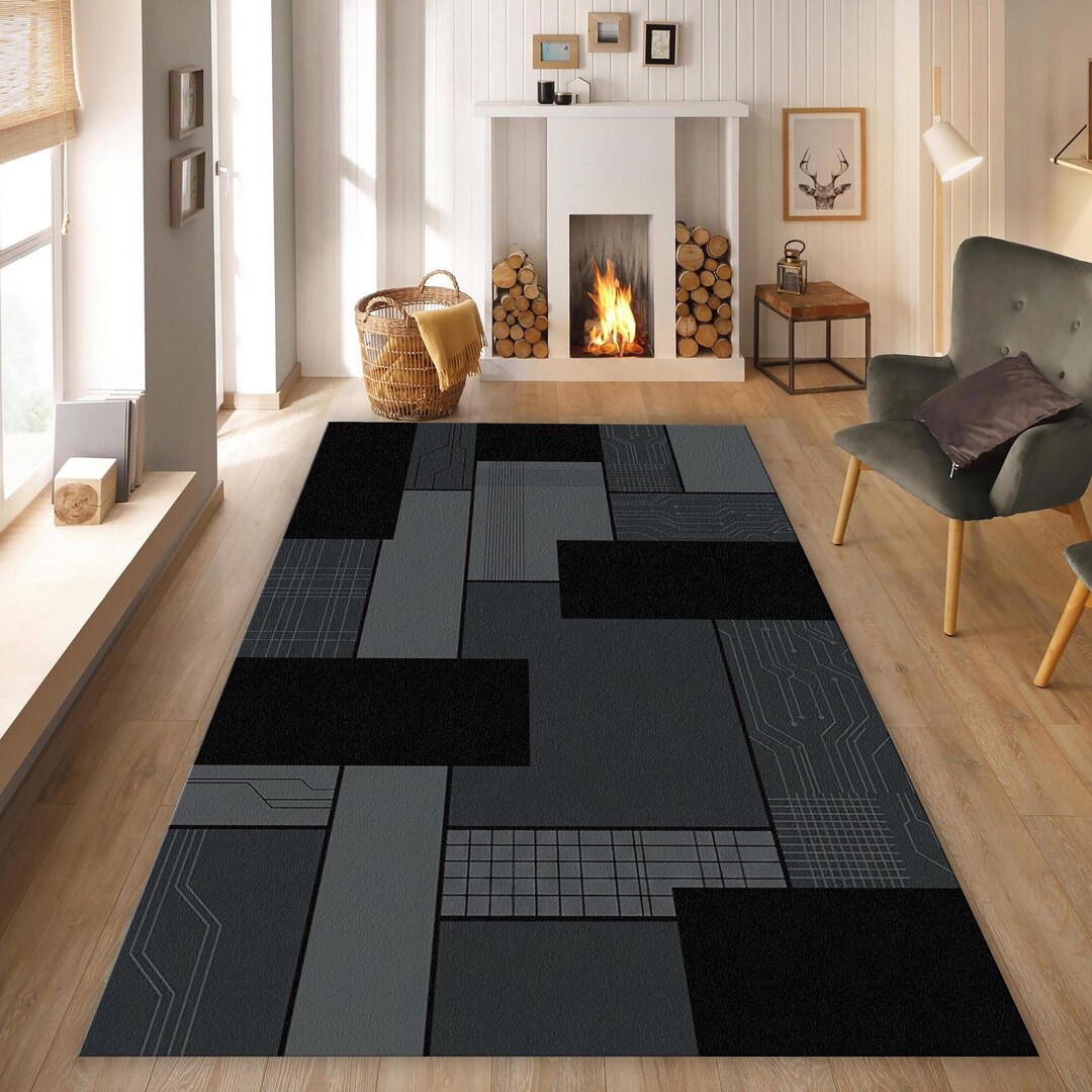 Technology Rug Cyberpunk Rug, Dark Tech Circuit Pattern, Futuristic Geometric Design ...