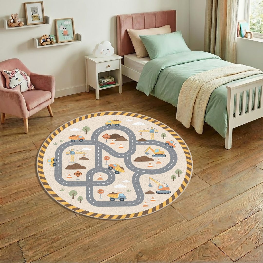 Construction Play Rug – Kids Car Track Carpet, Truck Road Playroom Rug ...