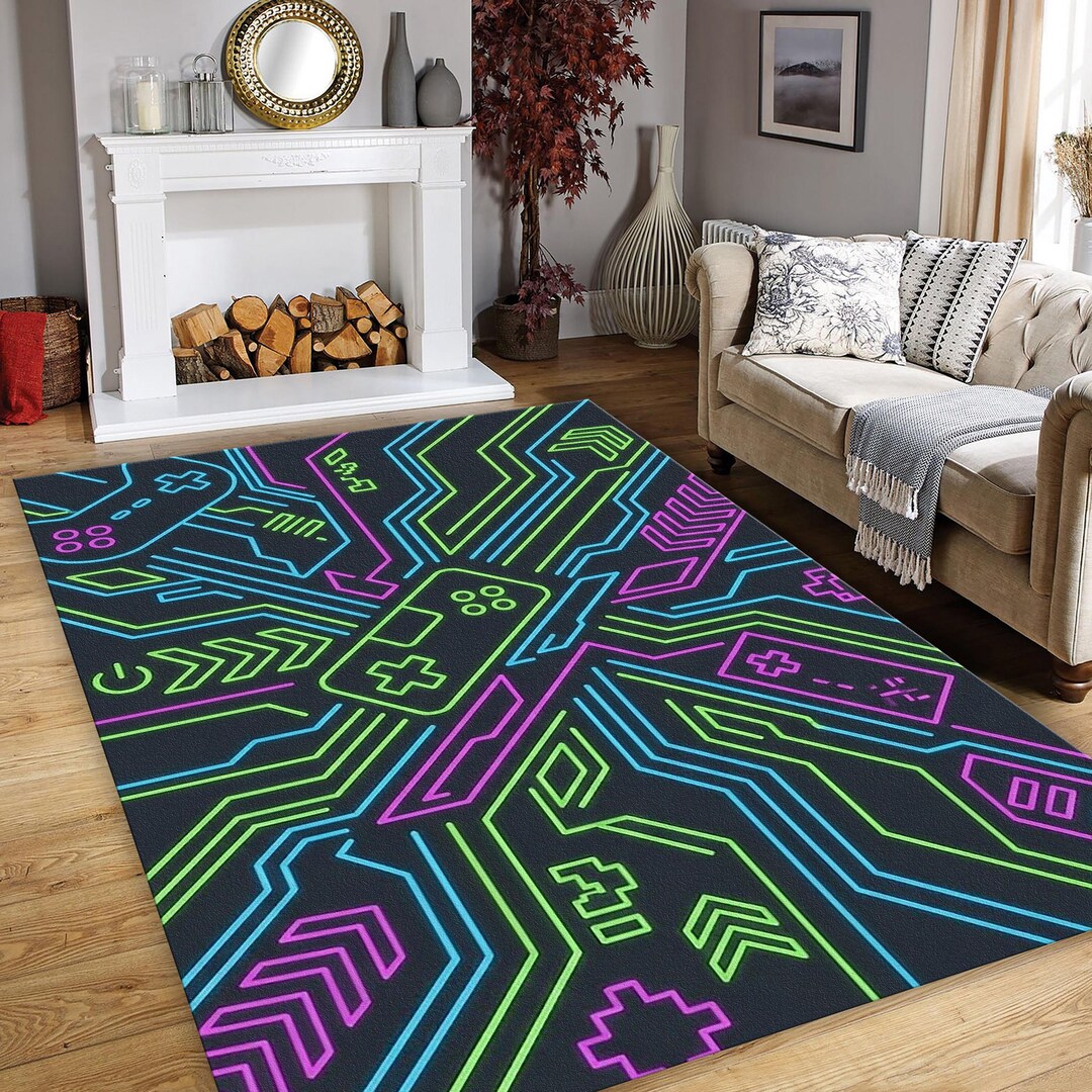 Pcb Rug Neon Gaming Circuit Rug | Futuristic Gamer Area Mat | Cyberpunk ...