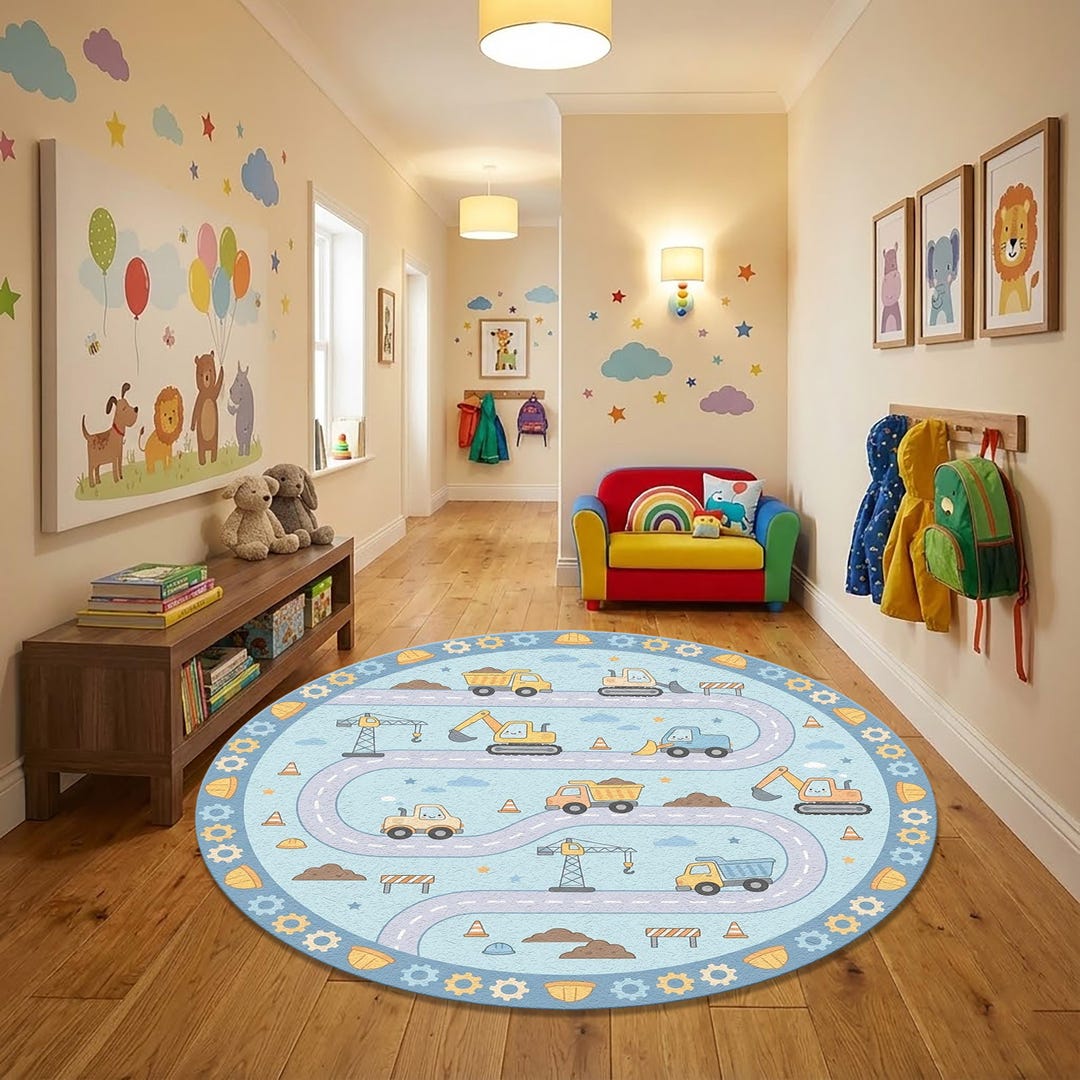 Building Play Room Rug Construction Road Play Rug – Kids Truck Play Mat, Car Track Carpet for ...