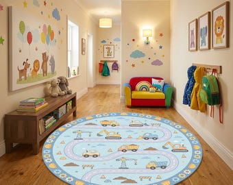 May include: A light blue, round rug with a road design featuring construction vehicles. The rug has a light blue border with yellow construction hats. The rug is in a child's room with a colorful sofa and wall art.