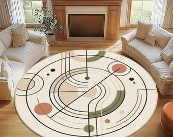 Abstract Modern Round Rug – Beige Geometric Circle Carpet – Minimalist Contemporary Floor Mat for Living Room & Home Decor
