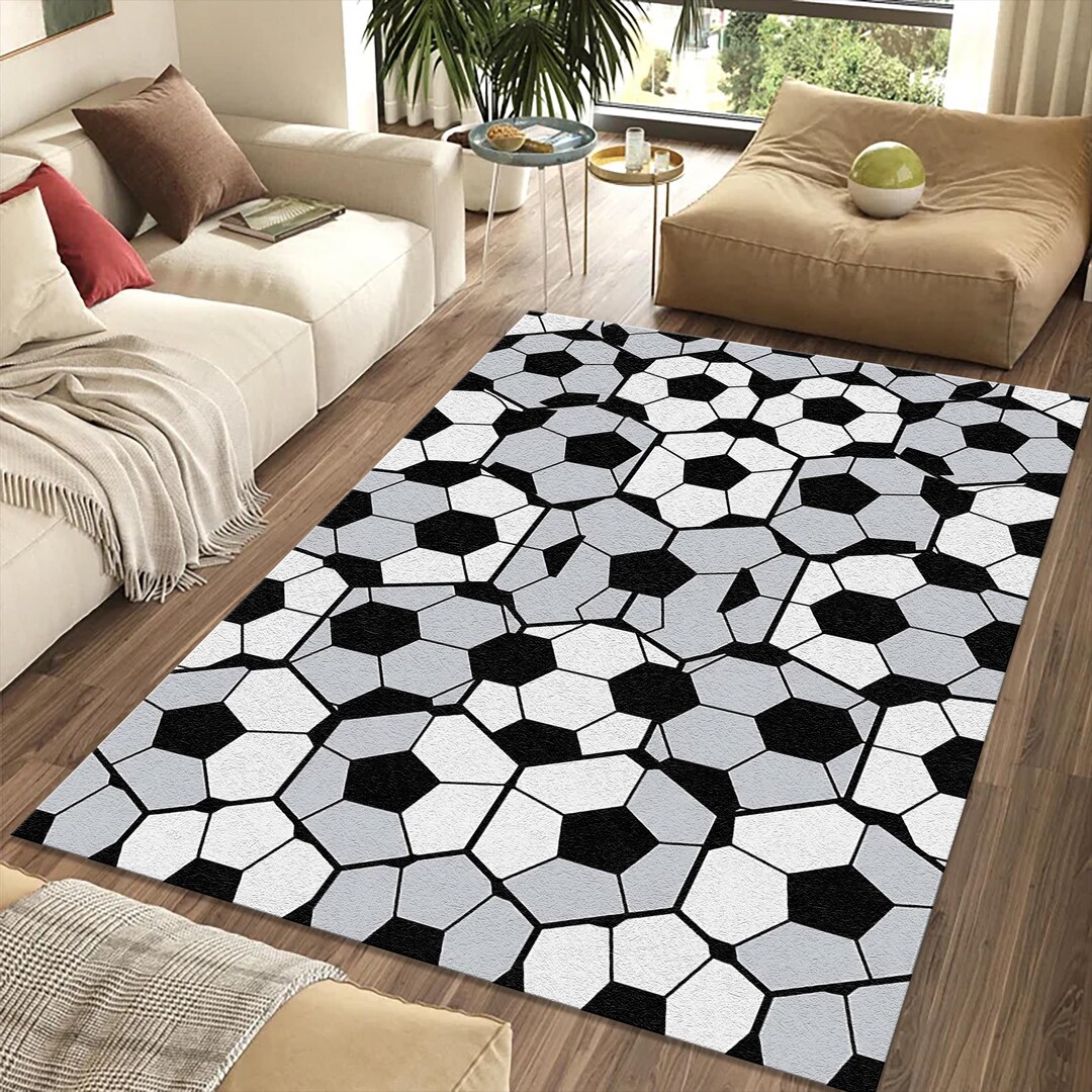 Soccer Ball Pattern Rug, Black White Football Design, Sports Room Decor ...