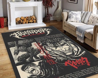 May include: A rectangular black rug featuring illustrations and text from the manga series "Berserk." The rug has a distressed aesthetic with images of characters and Japanese text. Red stripes and the series title are also visible.