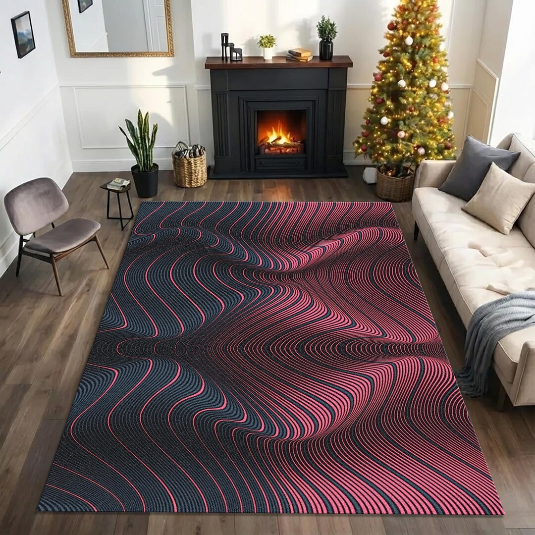 Cyperpunk Rug 3D Optical Illusion Rug | Neon Pink Wavy Line Area Mat | Modern ...