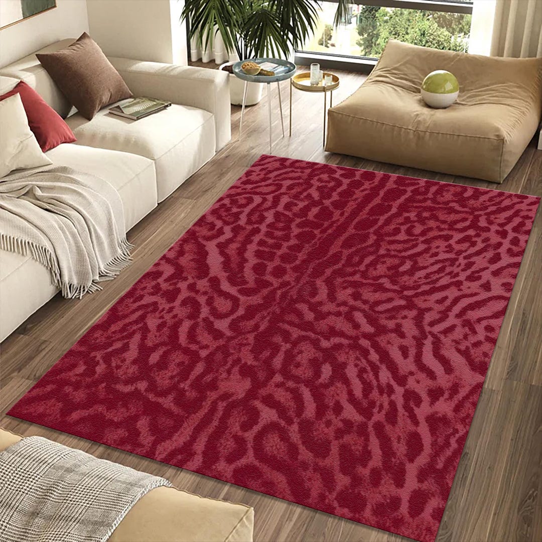 Red Pattern Lounge Rug Red Leopard Print Rug | Crimson Burgundy Animal Texture | Non-slip ...