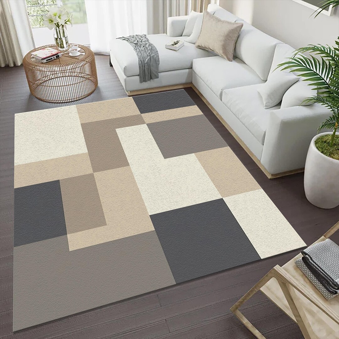 Modern Style Rug Modern Neutral Geometric Rug | Minimal Abstract Block Pattern Area Mat ...