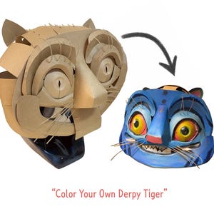 May include: A cardboard tiger mask next to a painted blue tiger mask. The unpainted mask is made of layered cardboard. The painted mask is blue with yellow eyes, a red nose, and a smiling mouth. The text "Color Your Own Derpy Tiger" is below the masks.