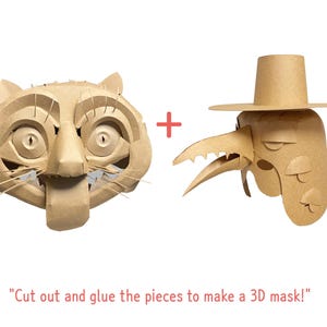 May include: Two brown paper masks, one resembling a cat and the other a bird-like figure with a hat. The masks are designed to be cut out and assembled. Text reads: "Cut out and glue the pieces to make a 3D mask!"