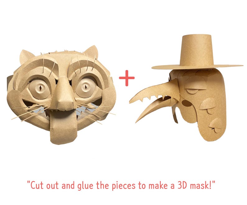 May include: Two brown paper masks, one resembling a cat and the other a bird-like figure with a hat. The masks are designed to be cut out and assembled. Text reads: "Cut out and glue the pieces to make a 3D mask!"
