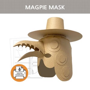May include: A tan cardboard-style Magpie Mask featuring a wide-brimmed hat, a long pointed beak with serrated edges, and circular layered details on the sides. The mask is displayed alongside a flat template sheet with a digital download icon.