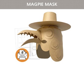 May include: A tan cardboard-style Magpie Mask featuring a wide-brimmed hat, a long pointed beak with serrated edges, and circular layered details on the sides. The mask is displayed alongside a flat template sheet with a digital download icon.