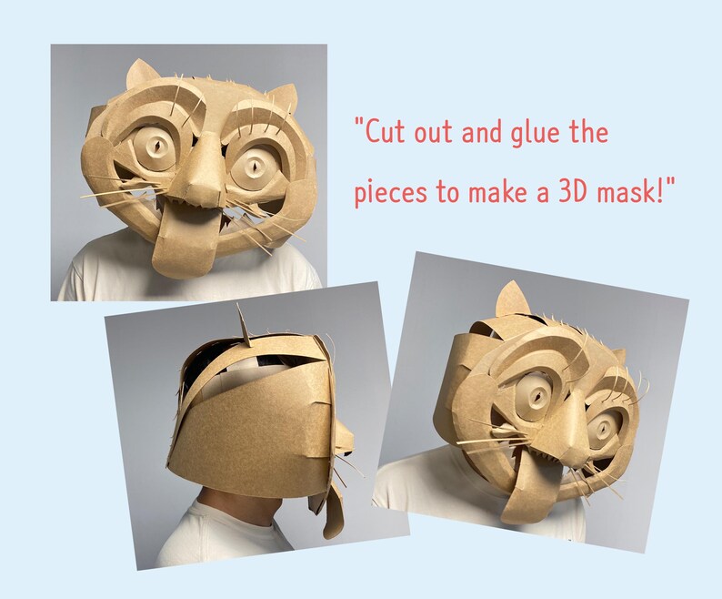 May include: A 3D mask made of cardboard, featuring a tiger design. The mask has detailed cutouts for the eyes, nose, and mouth, with whiskers. The image includes the text: "Cut out and glue the pieces to make a 3D mask!"