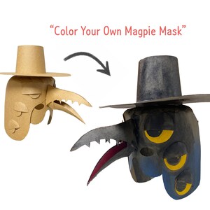 May include: Two magpie masks, one unpainted and one painted, are displayed against a white background. The unpainted mask is tan, while the painted mask is black, blue, and yellow. The text "Color Your Own Magpie Mask" is above the masks.