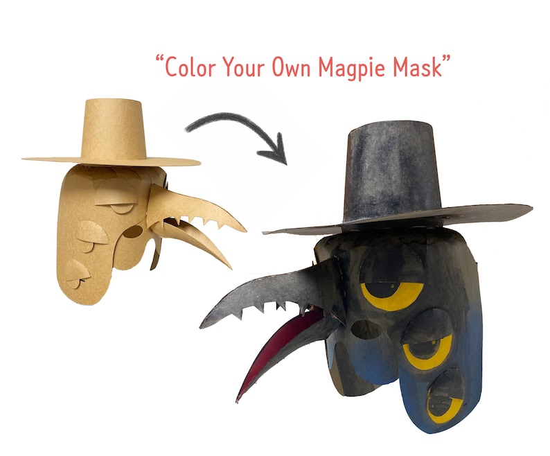 May include: Two magpie masks, one unpainted and one painted, are displayed against a white background. The unpainted mask is tan, while the painted mask is black, blue, and yellow. The text "Color Your Own Magpie Mask" is above the masks.