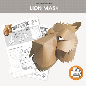 Puede incluir: Una máscara de león de papel 3D hecha de cartón marrón. La máscara está parcialmente ensamblada, con instrucciones detalladas y un icono de descarga digital. El texto "3D PAPER MASK" y "LION MASK" es visible.