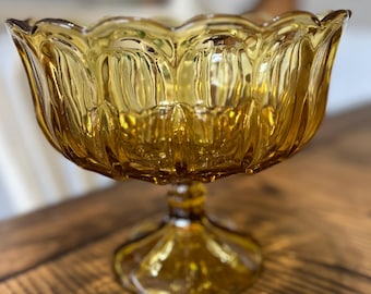 Vintage Amber Glass Pedestal Bowl | Scalloped Rim, Mid Century