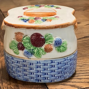 Vintage Japanese Ceramic Cookie Jar – Basketweave with Colorful Berries – Mid Century Kitchen Canister