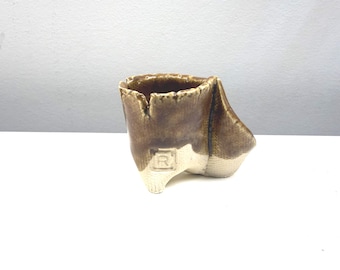 Handmade Succulent Planter tri-footed TRIPOT – 2.25"L x 1.25"W x 1.75"H Beautiful Brown and White Cactus Dish Pot with Drainage, Stamped