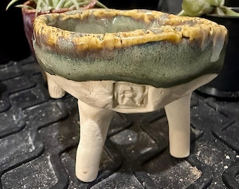 Handmade Elevated Foot Mini Succulent Planter – 2.5" Diameter Beautiful Green Brown Cactus Pot with Drainage, Stamped Ceramic