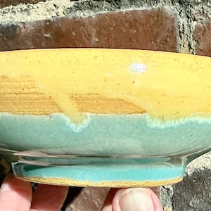 Yellow and Green and Stoneware Bowl – Hand Thrown Pottery, Rustic Minimalist Kitchen & Serving Bowl. Initialed.