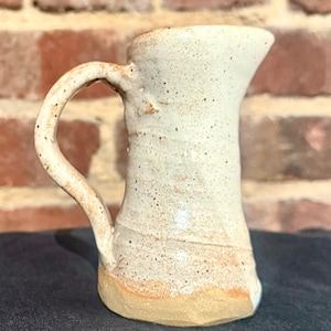 Hand Thrown Stoneware Creamer with Comfort Handle and Vintage Speckled Glaze, Initialed One of a Kind - Approx. 5 Inches / holds 4 oz.