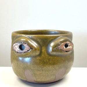 Hand Thrown Footed Succulent Planter with Sculpted Eyes, Beautiful Green Bonsai Pot with Drainage, Stamped Ceramic Succulent Dish