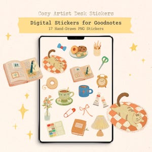 Puede incluir: Pegatinas digitales para Goodnotes con ilustraciones dibujadas a mano de un gato, libros, una taza de té y otros elementos de escritorio. Las pegatinas tienen una paleta de colores cálidos y el texto "Cozy Artist Desk Stickers" y "Digital Stickers for Goodnotes".